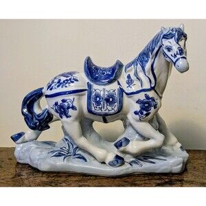 Vintage Blue White Porcelain Prancing Horse, 11" Chinoiserie Ceramic Stallion